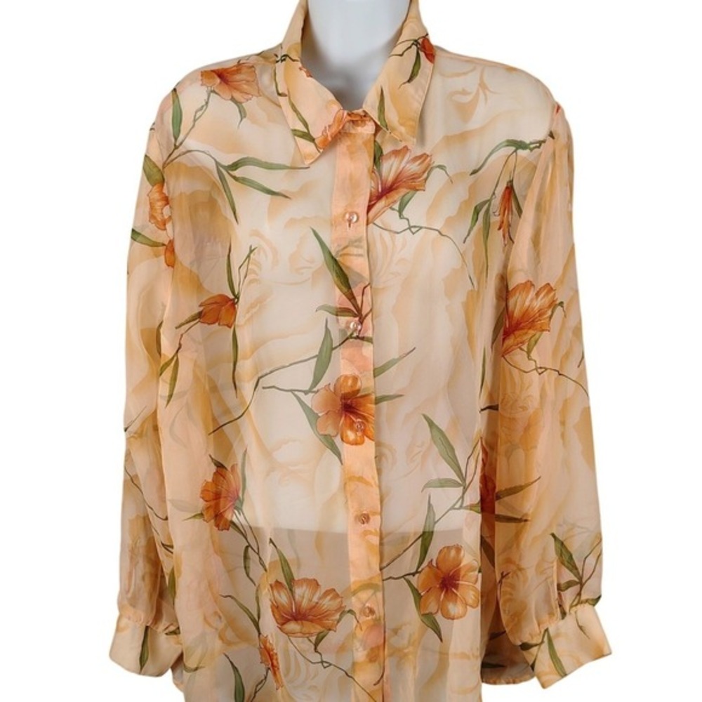 VTG Maggie Sweet Heavenly Floral Sheer Peach Blouse USA L P romantic cottagrcore